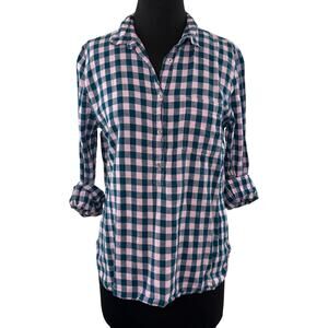 J.Crew Pink Teal Blue Top Cotton Gingham Popover Collared Casual Button-Up Sz 10